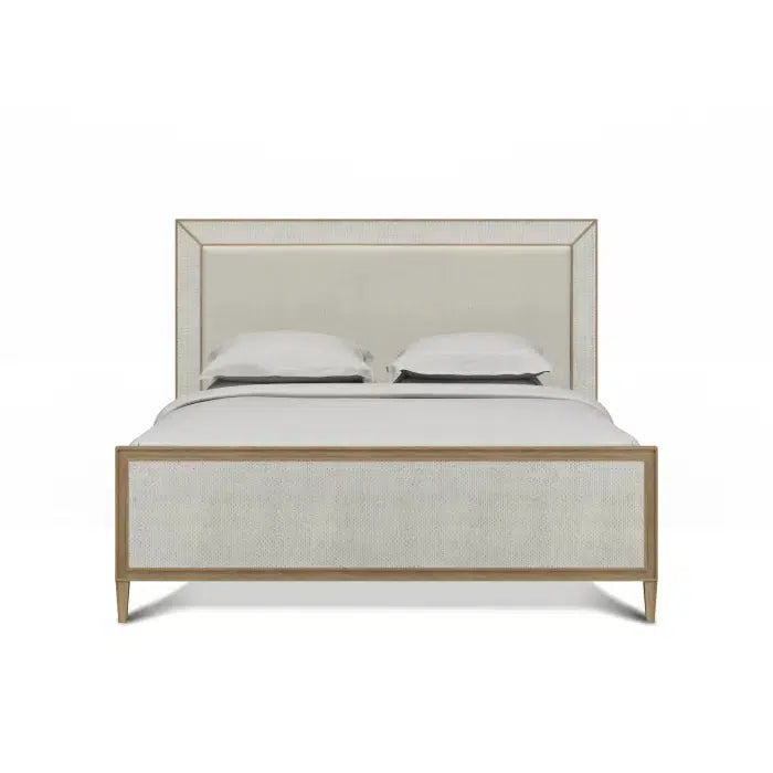 Belgravia Upholstered King Bed in Sandbar. Upholstered in Dinara Natural Performance Fabric w/ White Rattan-Blue Hand Home