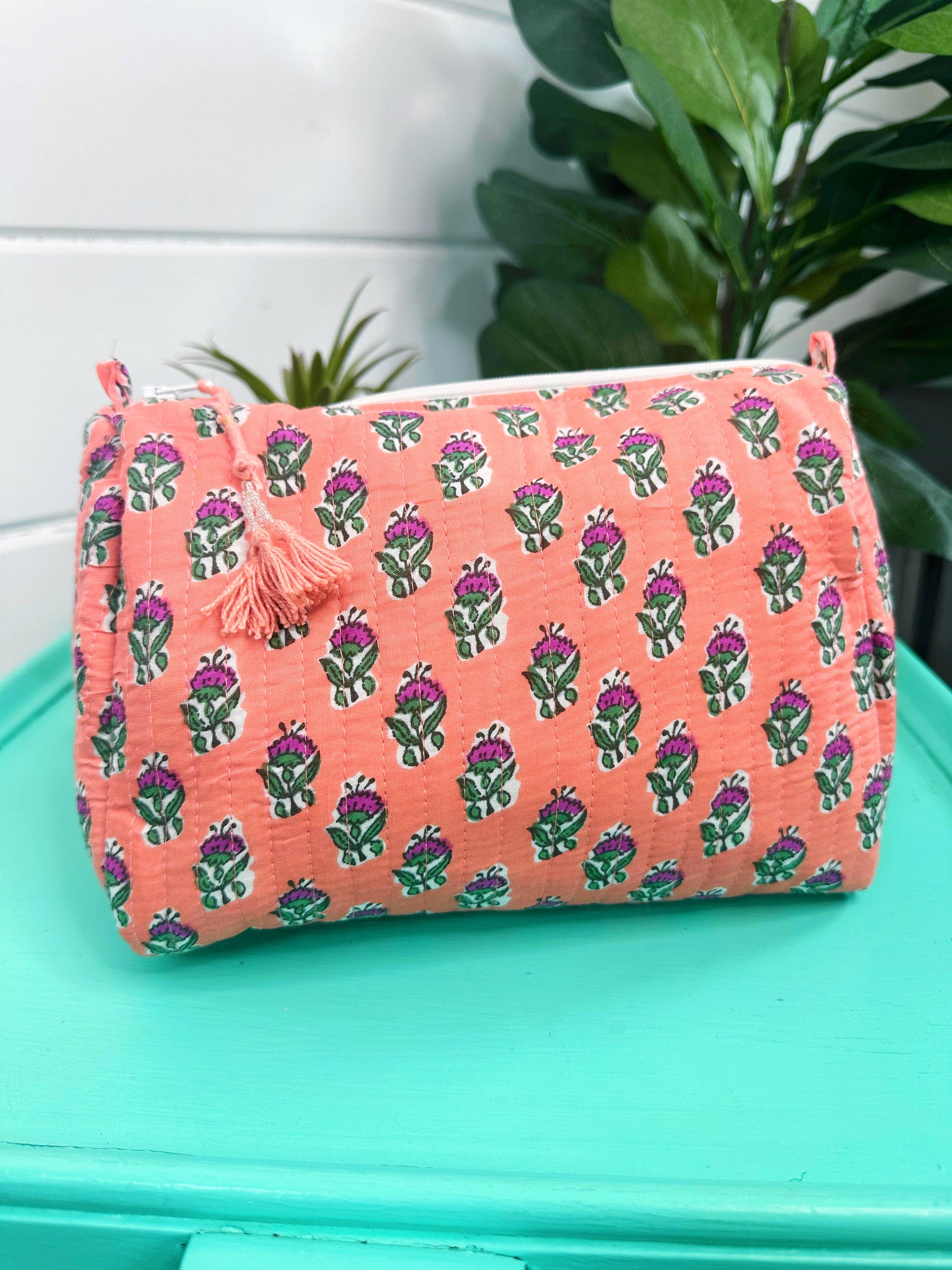 Quilted Makeup Bags | Cosmetics Toiletry Bag | Coral Floral-Blue Hand Home