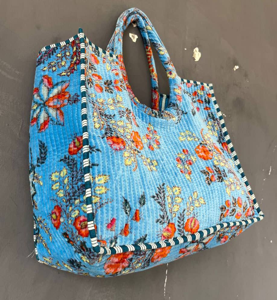 Large Quilted Velvet Cotton Handmade Bag Eco Friendly Boho-Blue Hand Home