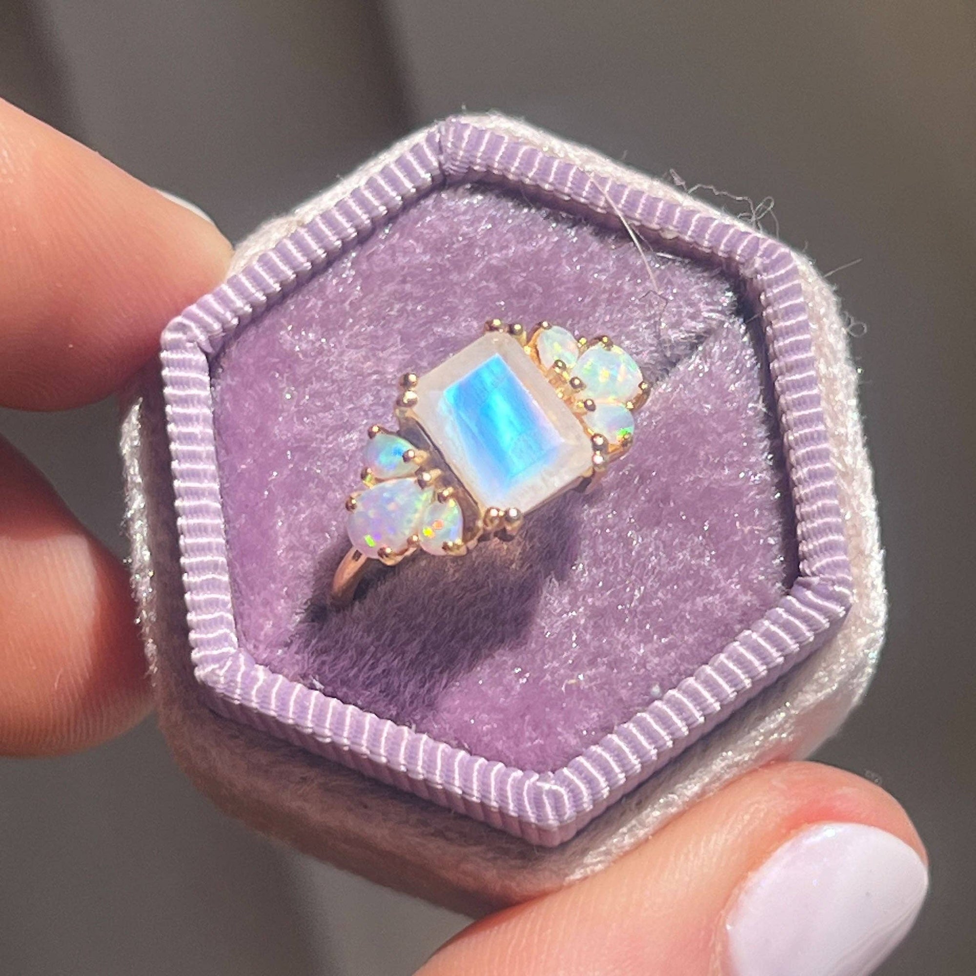 Rainbow Moonstone and Opal Empress Ring-Blue Hand Home