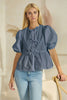 Solid Cotton Poplin Front Tie Ribbon Blouse-Blue Hand Home