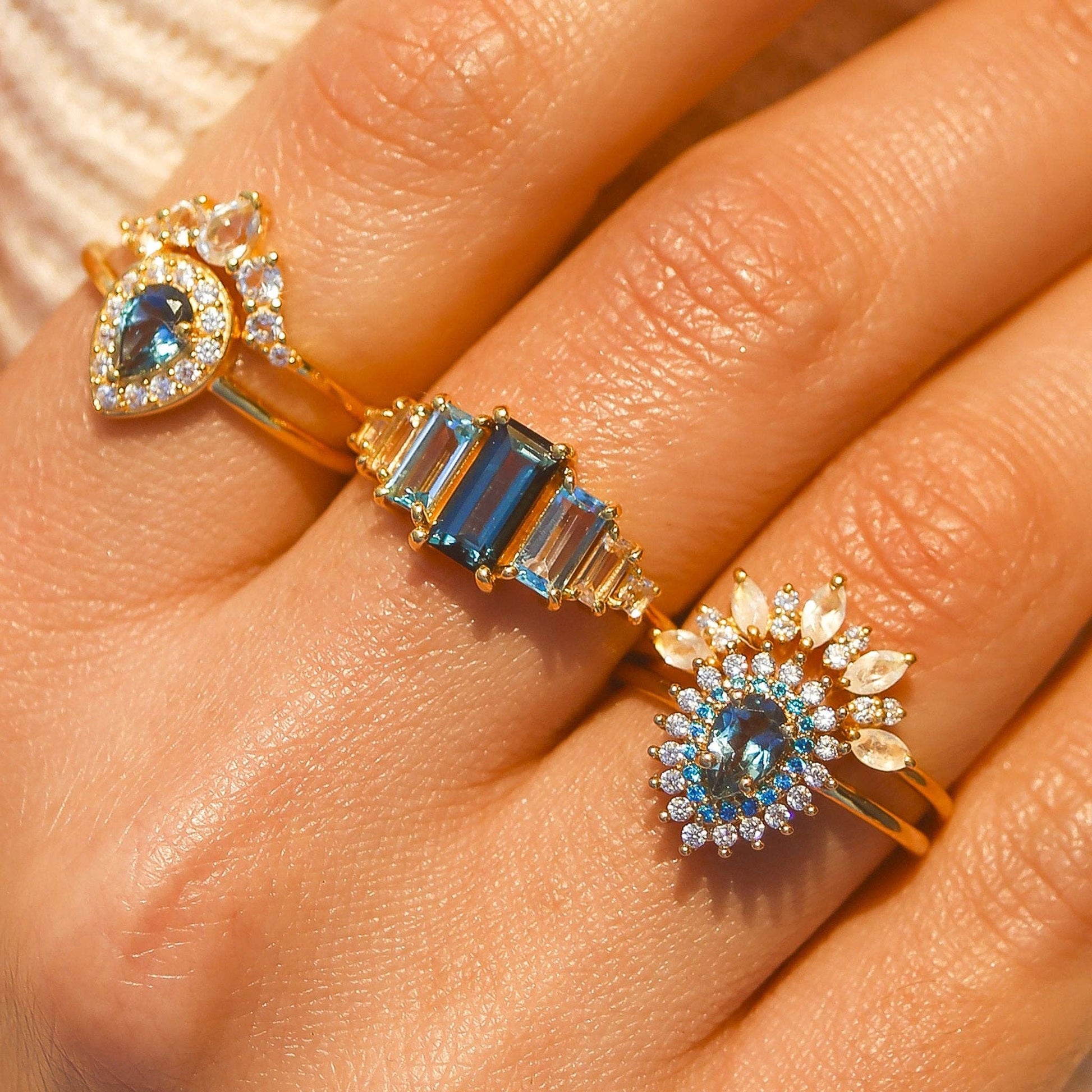 Rainbow Moonstone & Diamond Sunrise Arc Ring-Blue Hand Home