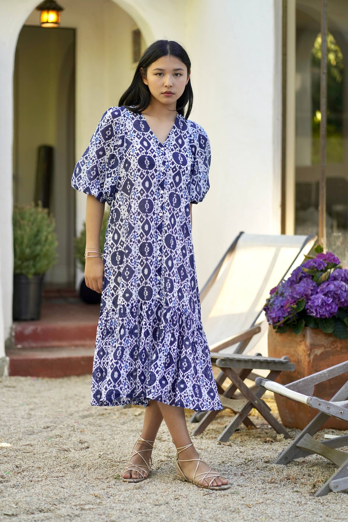 Amada Puff Sleeve Dress Navy White-Blue Hand Home