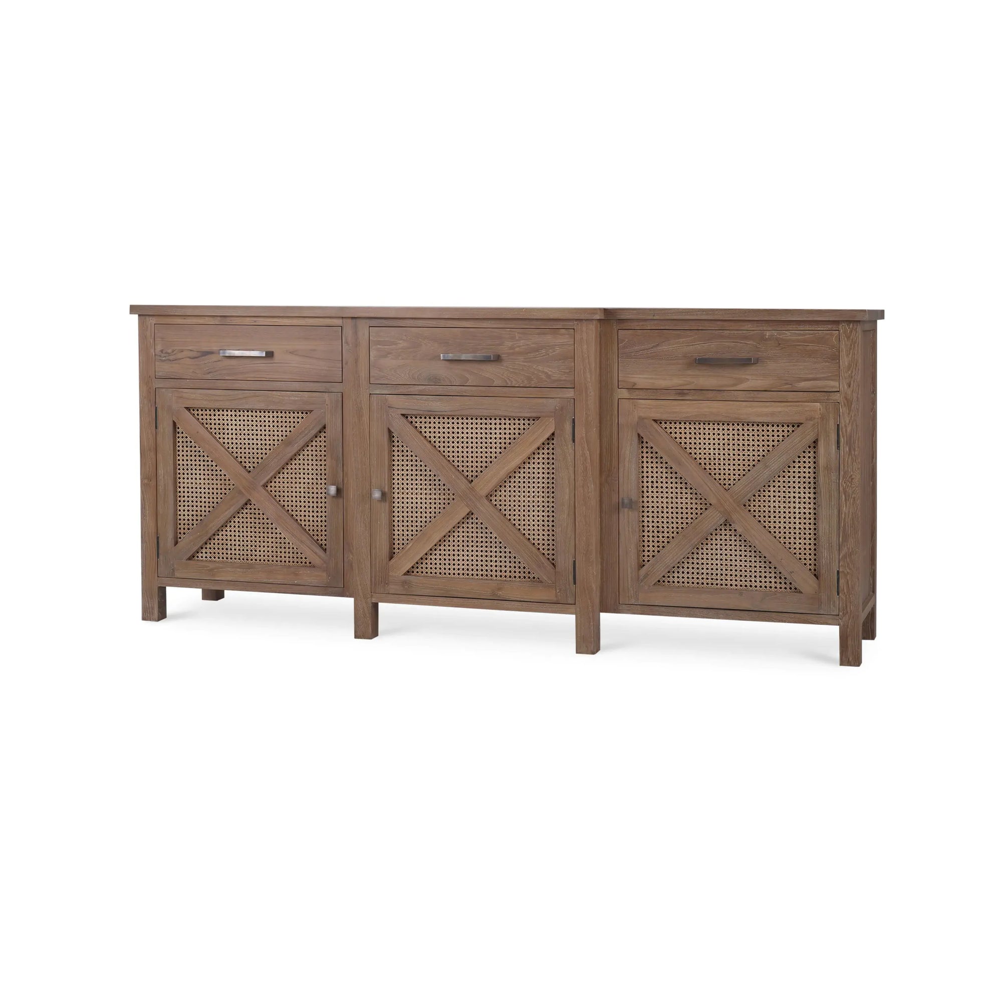 Silvia Reclaimed Teak 3 Door Sideboard In Teak Straw Wash w/ Rattan Natural Door Panels-Blue Hand Home