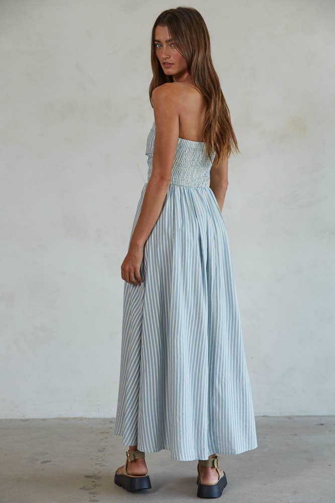 L6998 | Striped Tube Neck Strapless Flare Maxi Dress-Blue Hand Home