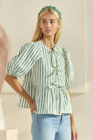 Striped Cotton Poplin Front Tie Ribbon Blouse-Blue Hand Home