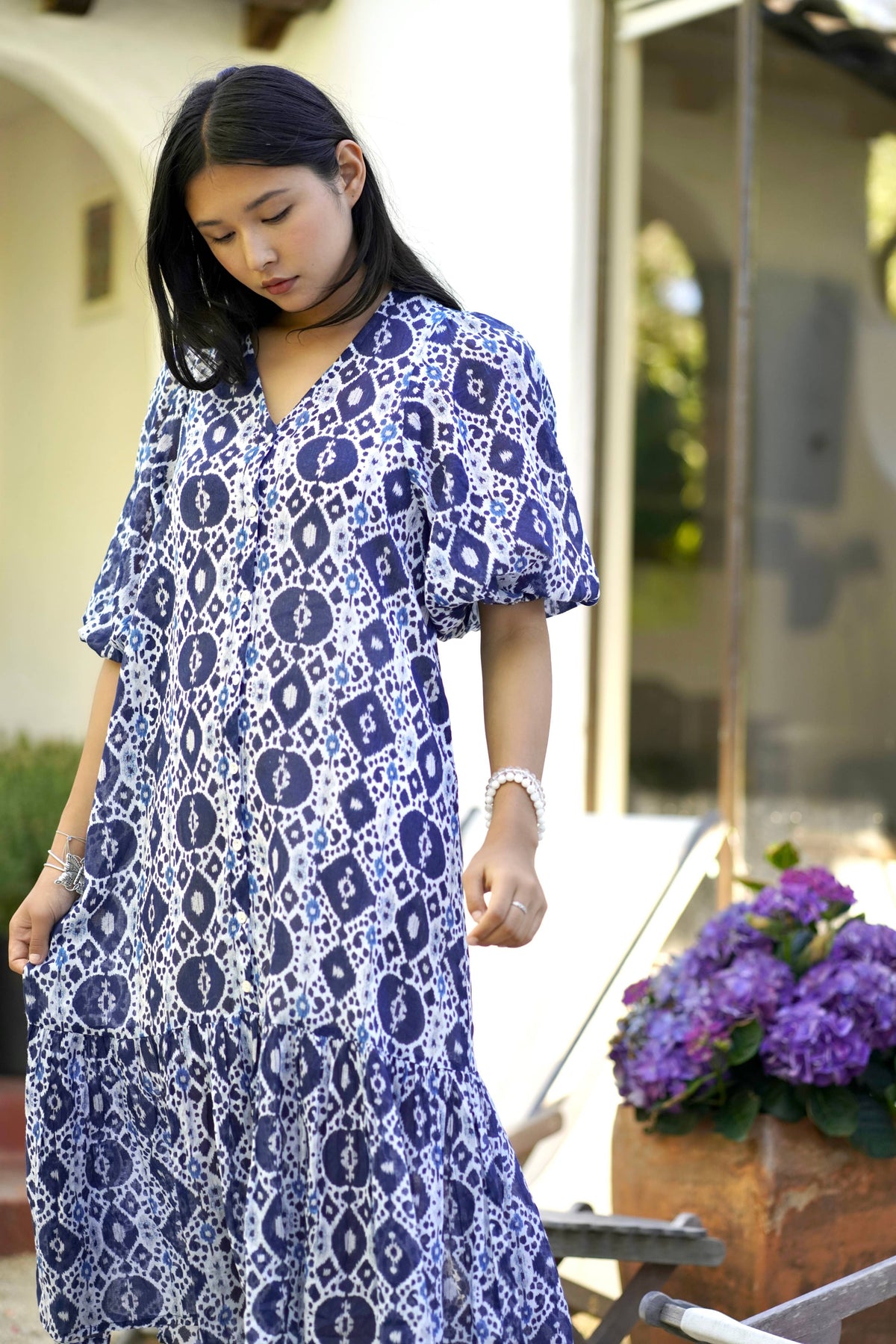 Amada Puff Sleeve Dress Navy White-Blue Hand Home