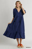 Cotton Gauze V-Neck Front Tassel Tie Midi Dress-Blue Hand Home