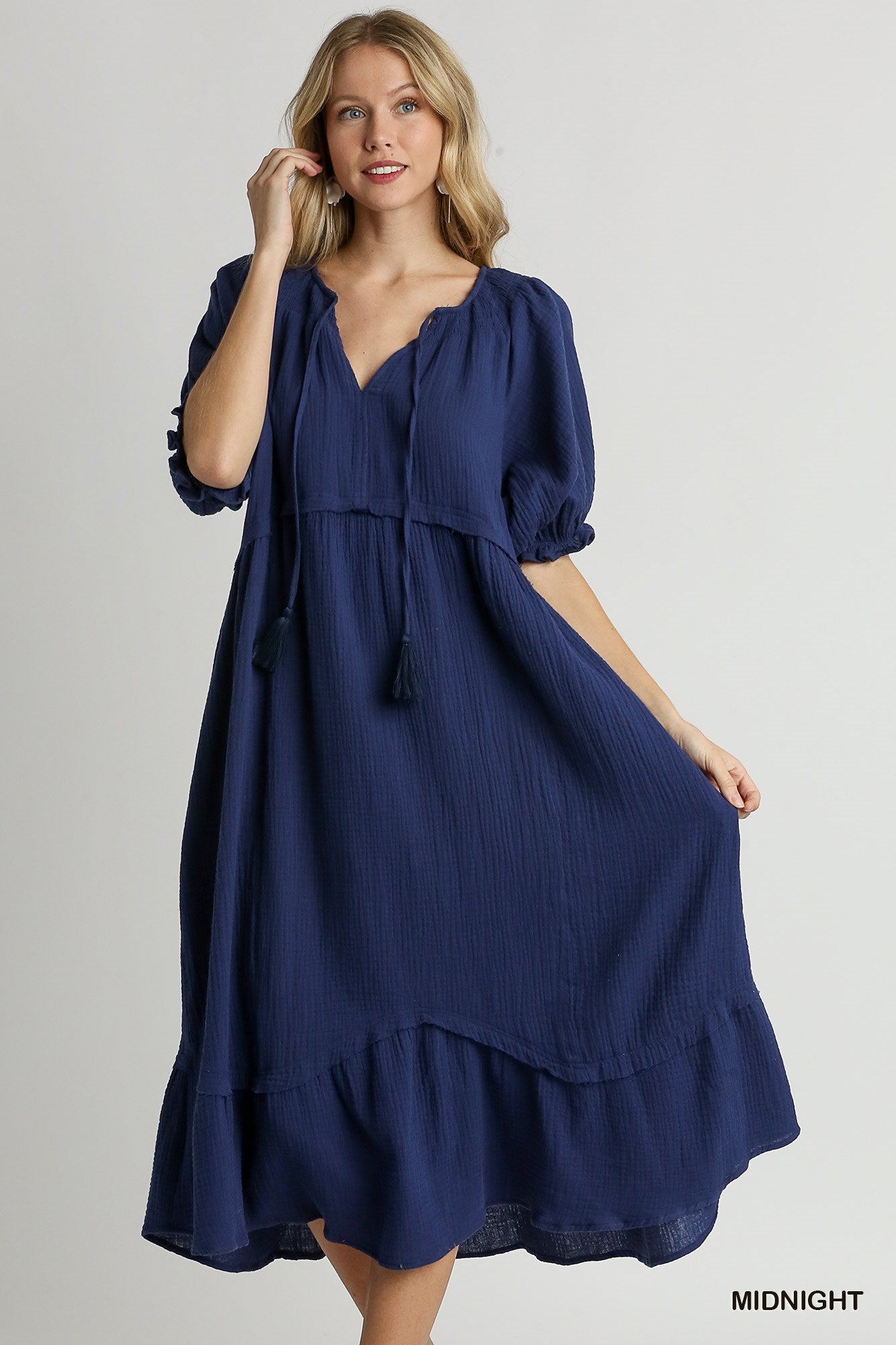 Cotton Gauze V-Neck Front Tassel Tie Midi Dress-Blue Hand Home