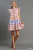 Mixed Plaid A-Line Split Neck Tiered Dress with Ruffle Sleeve-Blue Hand Home