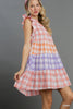 Mixed Plaid A-Line Split Neck Tiered Dress with Ruffle Sleeve-Blue Hand Home