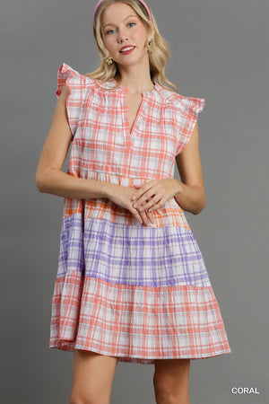 Mixed Plaid A-Line Split Neck Tiered Dress with Ruffle Sleeve-Blue Hand Home