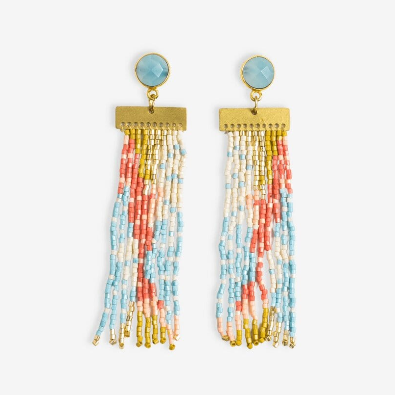 Lilah Semi-Precious Stone Post With Organic Shapes Beaded Fringe Earrings Amalfi-Blue Hand Home