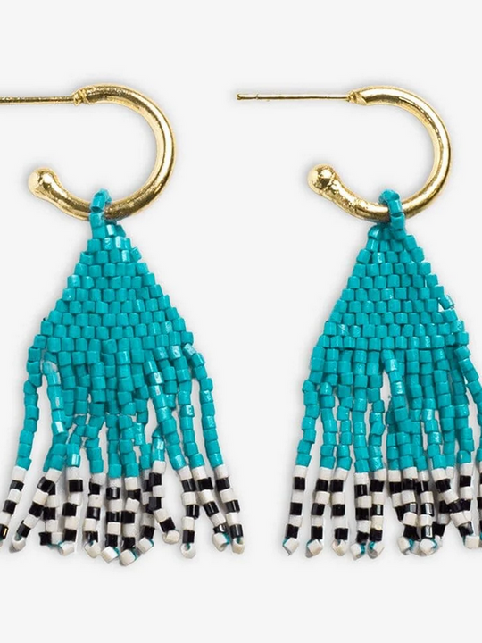 Leta Mini Gold Hoop Confetti Top And Stripe Short Fringe Earrings Turquoise