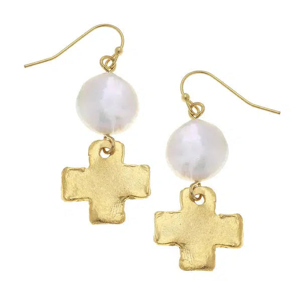 Coin Pearl + Gold Cross Drop Earrings-Blue Hand Home