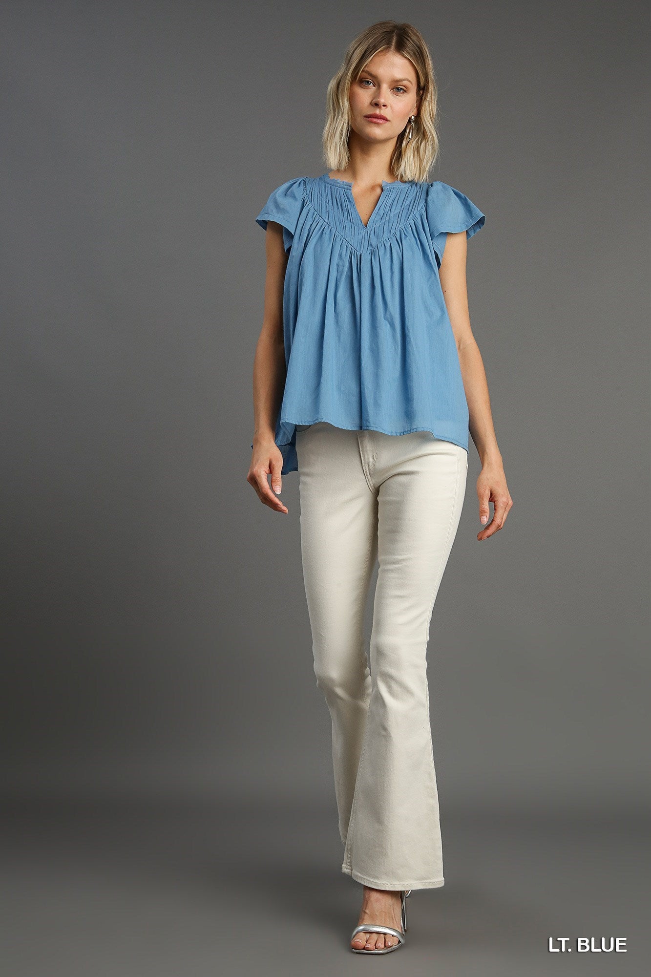 Pleated Split Neck Top with V Shape Back Yoke & Short Ruffle Sleeves-Blue Hand Home