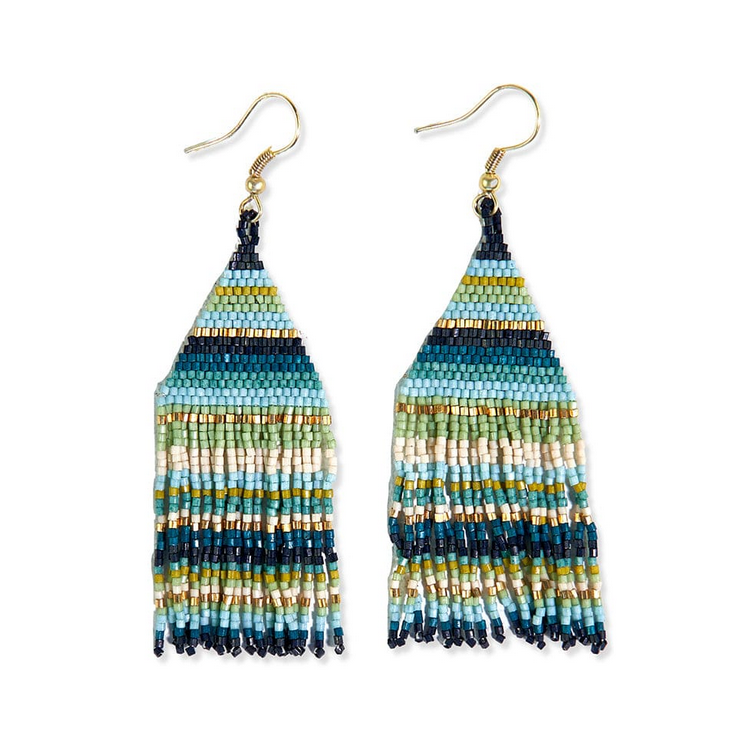 Lexie Horizontal Stripe Beaded Fringe Earrings Blue-Blue Hand Home