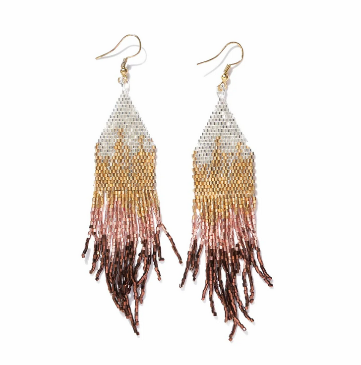 Claire Ombre Beaded Fringe Earrings Mixed Metallic-Blue Hand Home