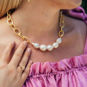 Susan Shaw Gold Textured Loop Chain w/ Genuine Freshwater Baroque Pearls-Blue Hand Home