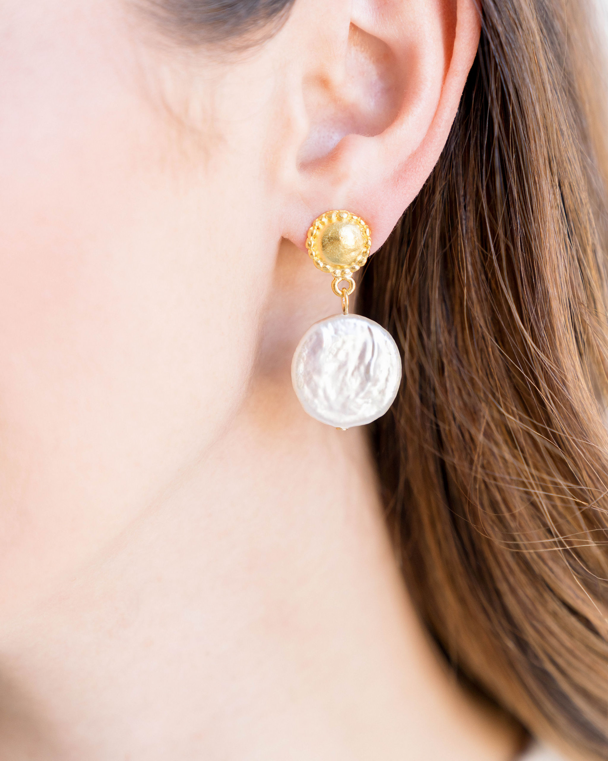 Gold Cab Freshwater Coin Pearl Earrings-Blue Hand Home