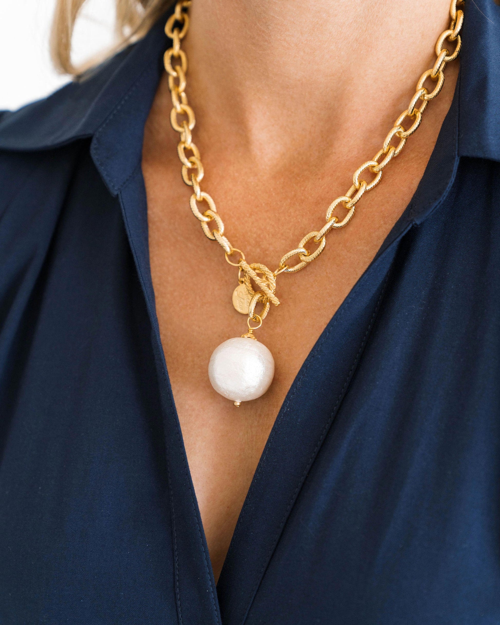 Susan Shaw Genuine Cotton Pearl on Toggle Necklace-Blue Hand Home