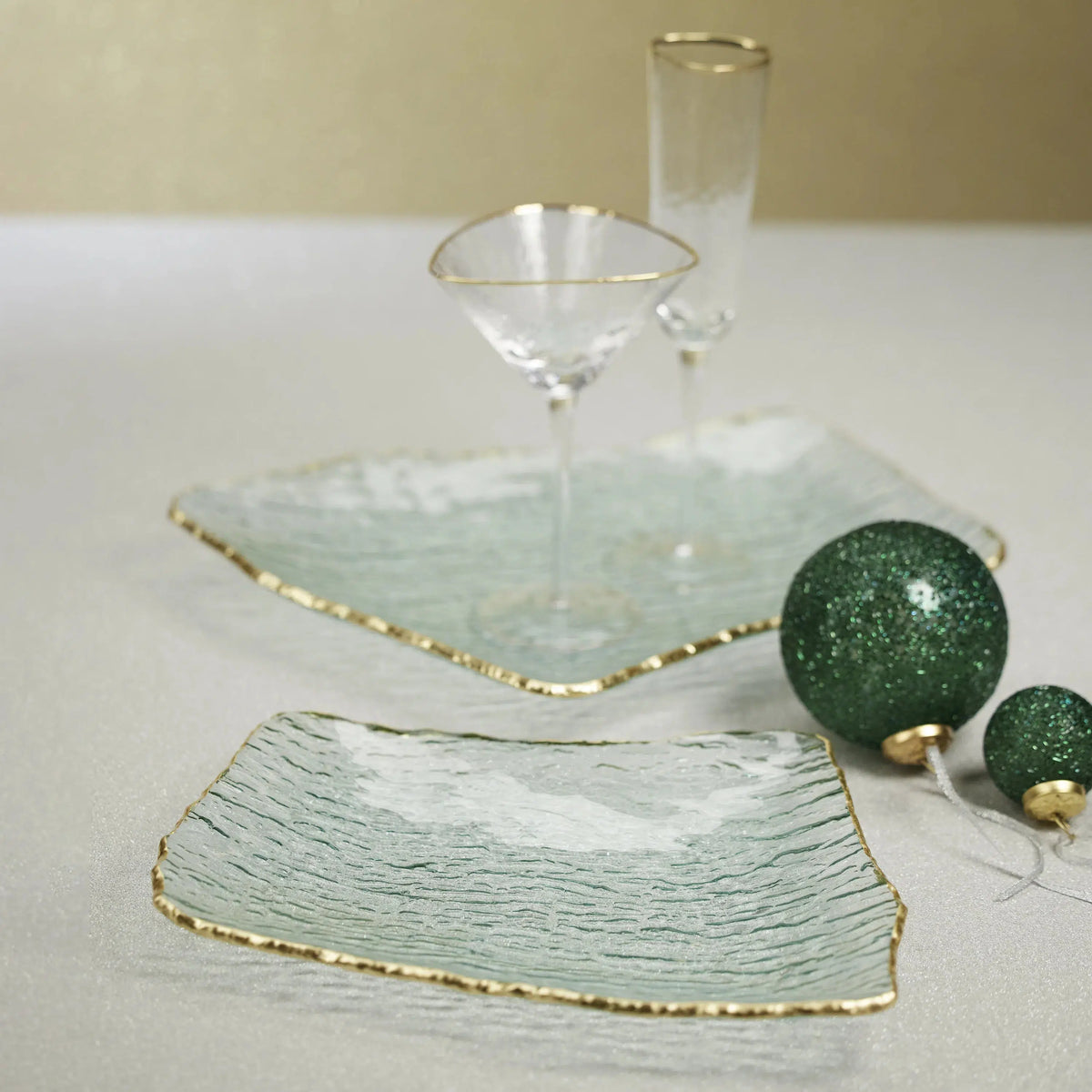 Textured Rectangular Organic Shape Plate with Jagged Gold Rim - Small-Blue Hand Home