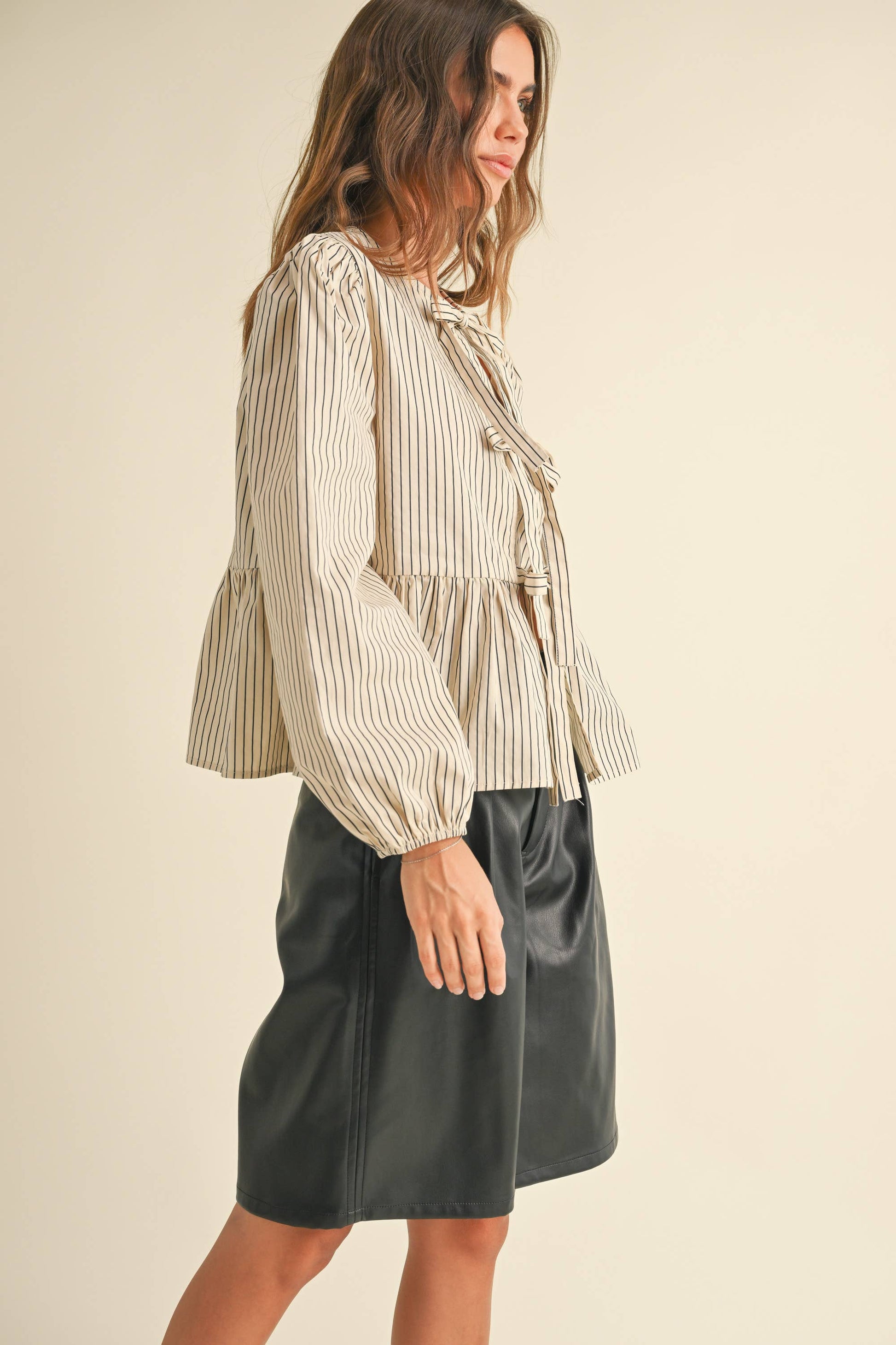 T4578 STRIPED WOVEN BLOUSE WITH TIE FRONT-Blue Hand Home