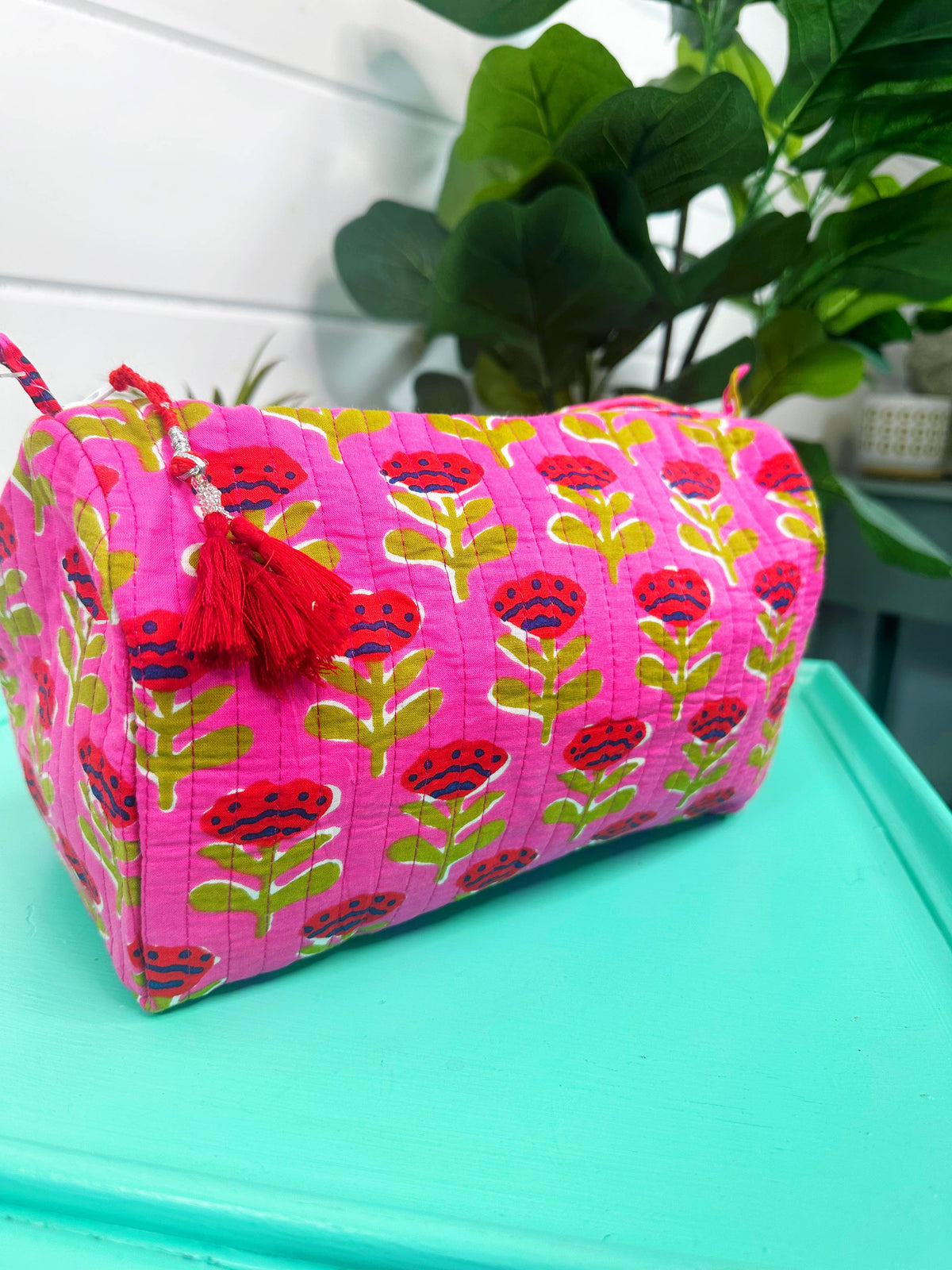 Quilted Makeup Bag | Cosmetic Toiletry Bag | Hot Pink Floral-Blue Hand Home