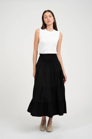 TEXTURED TIERED MIDI FLARED SKIRT-Blue Hand Home