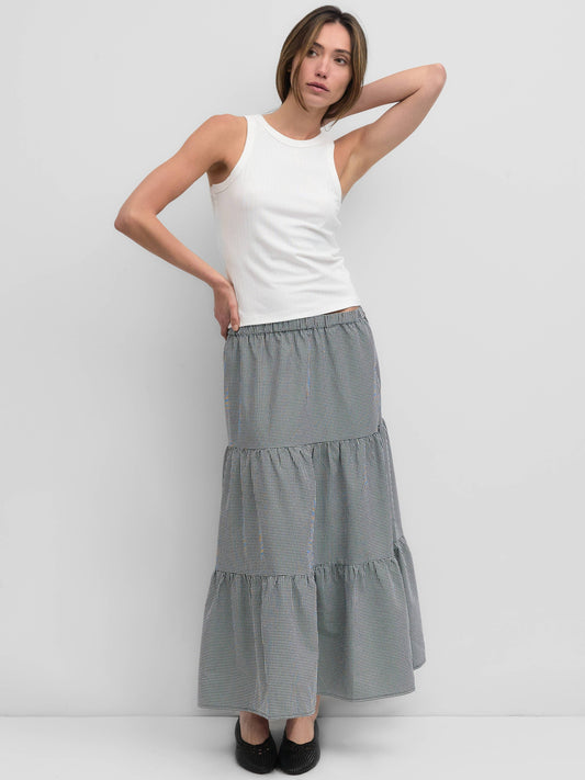 The Emilie Skirt | Tiered Gingham Midi Skirt-Blue Hand Home