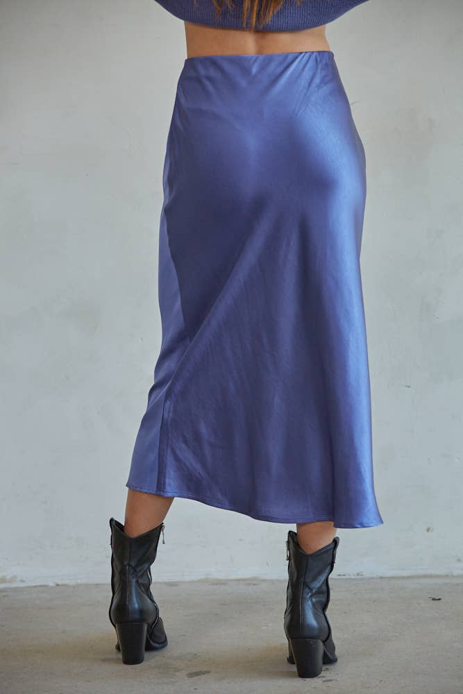 L5954 | Woven Satin Waist Elastic Band Midi Skirt-Blue Hand Home