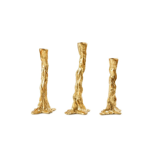 Branch Set of 3 Candlesticks / Gold Leaf-Villa & House-Blue Hand Home