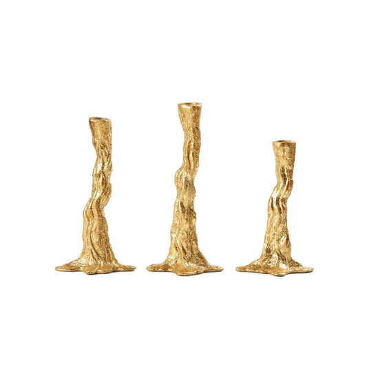 Branch Set of 3 Candlesticks / Gold Leaf-Villa & House-Blue Hand Home