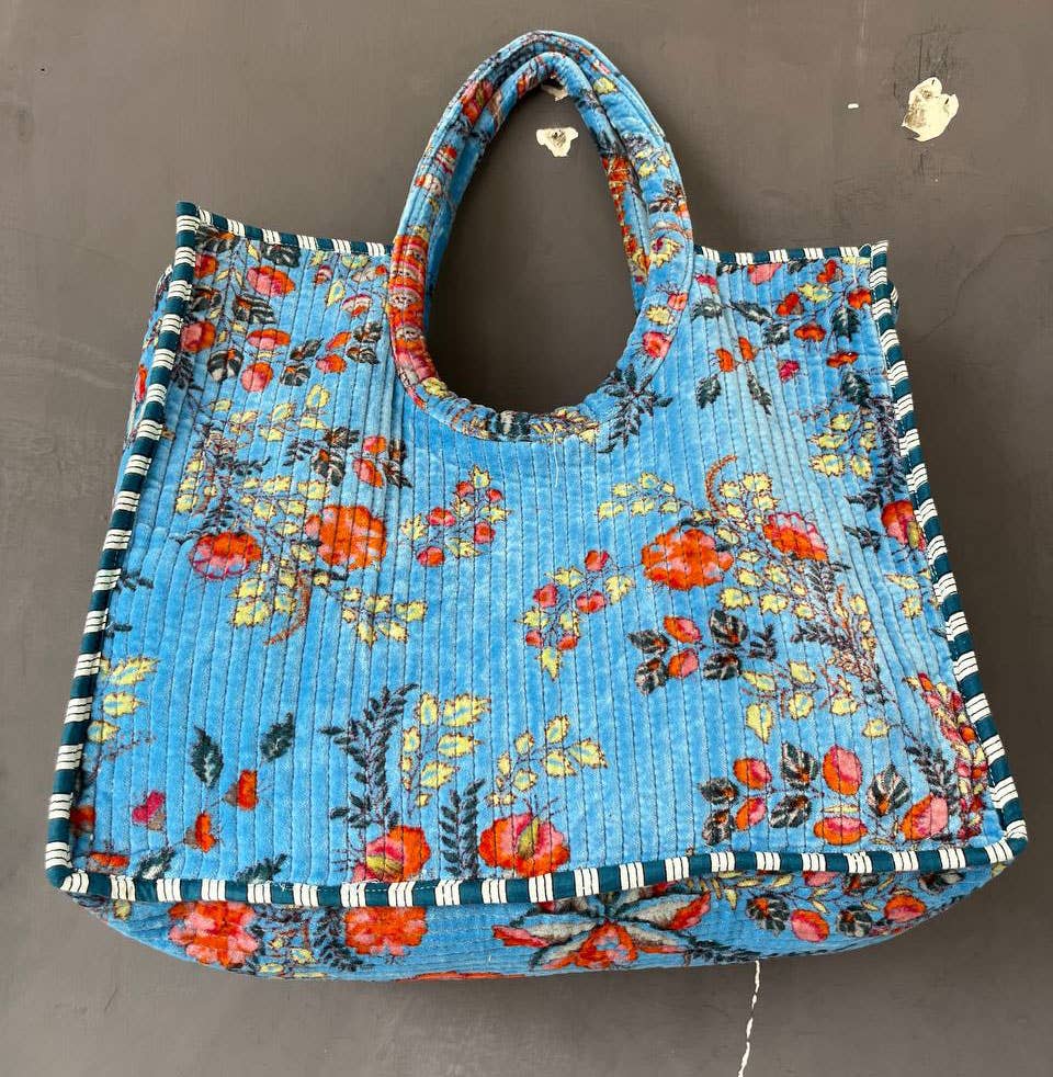 Large Quilted Velvet Cotton Handmade Bag Eco Friendly Boho-Blue Hand Home