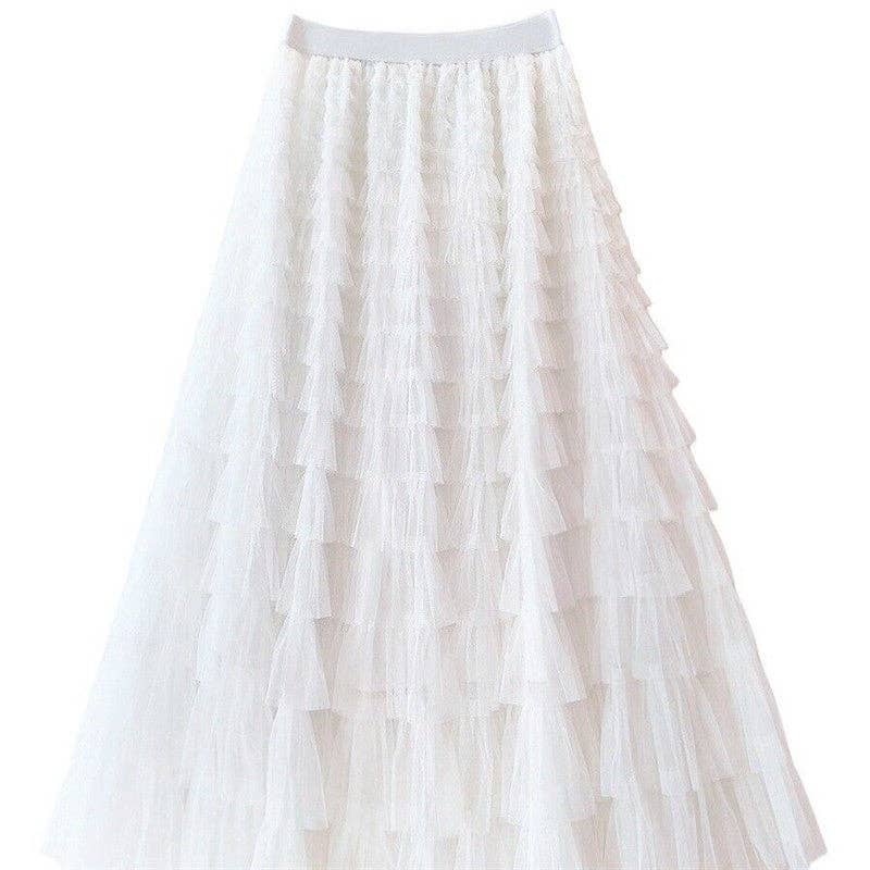 Solid Color High-Waisted Tulle Puffy Midi Skirt-Blue Hand Home