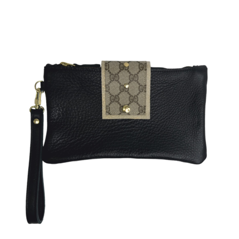 Stella Wristlet In Black Leather | Upcycled GG-Blue Hand Home