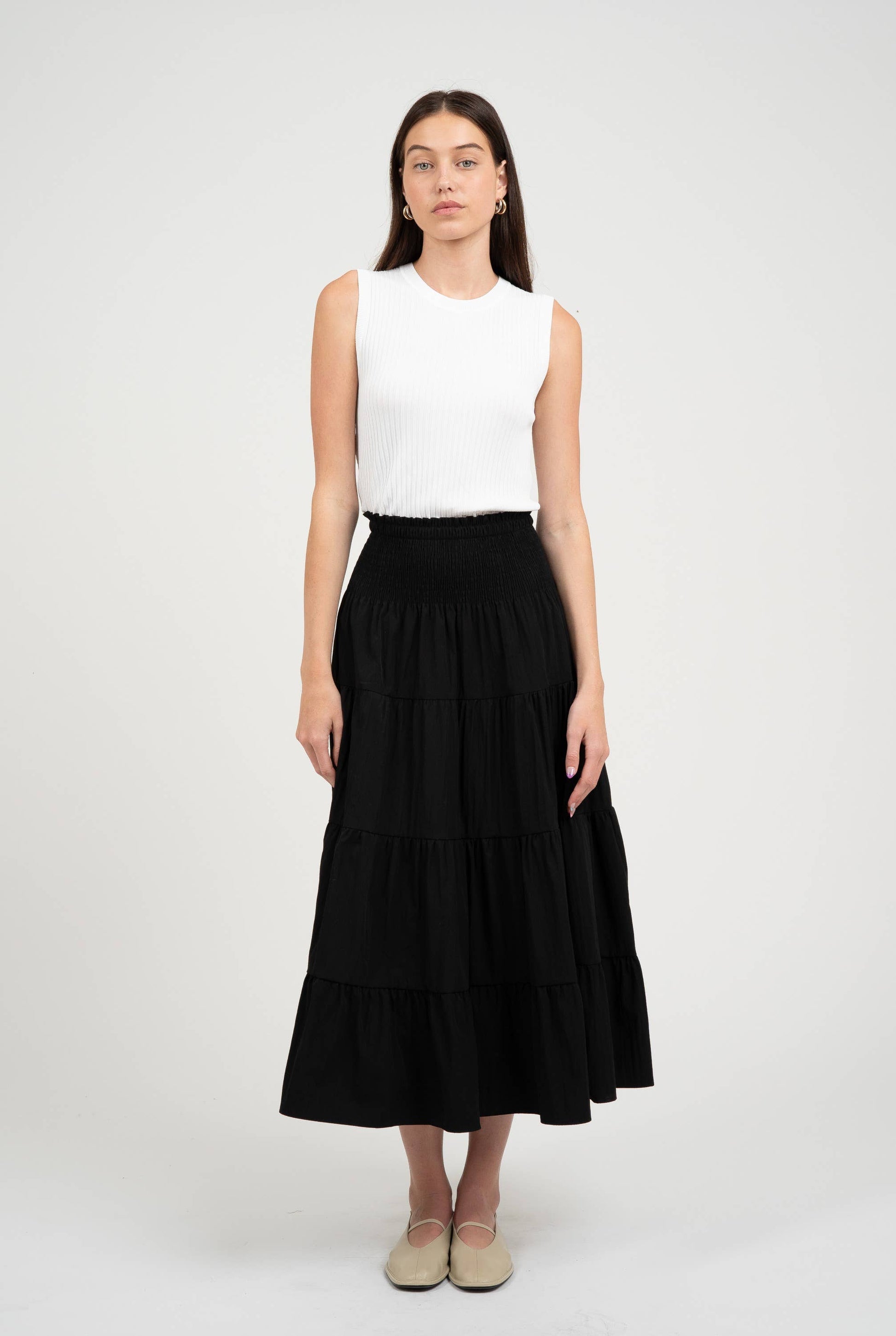 TEXTURED TIERED MIDI FLARED SKIRT-Blue Hand Home