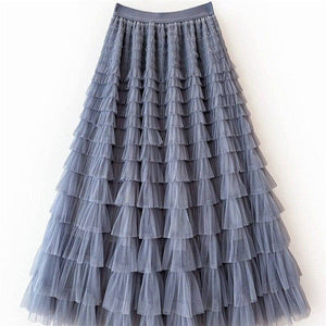 Solid Color High-Waisted Tulle Puffy Midi Skirt-Blue Hand Home