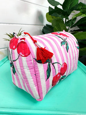 Quilted Makeup Bag | Cosmetics Toiletry Bag | Cherry Print-Blue Hand Home