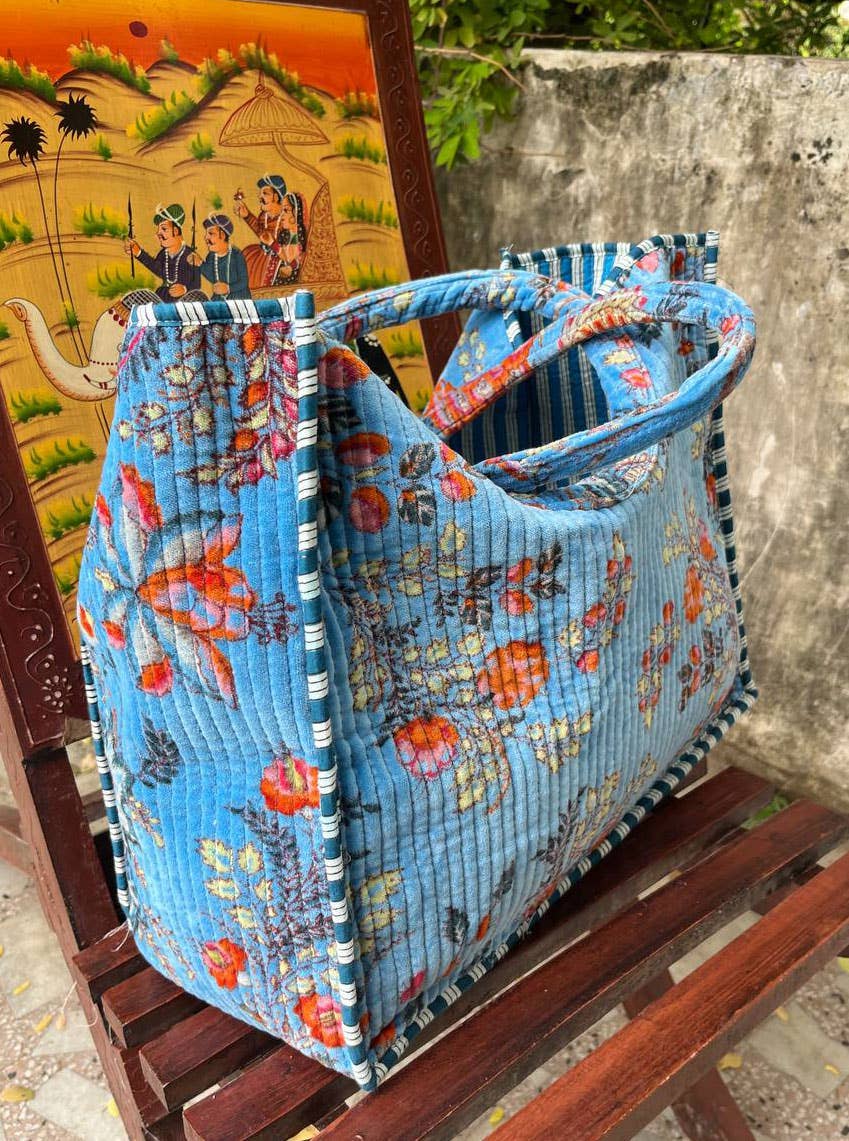 Large Quilted Velvet Cotton Handmade Bag Eco Friendly Boho-Blue Hand Home