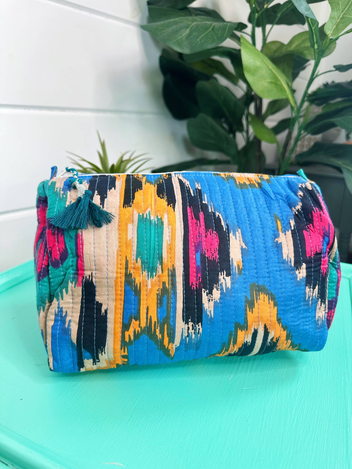 Quilted Makeup Bags | Travel Cosmetic Toiletry Bag | Ikat-Blue Hand Home