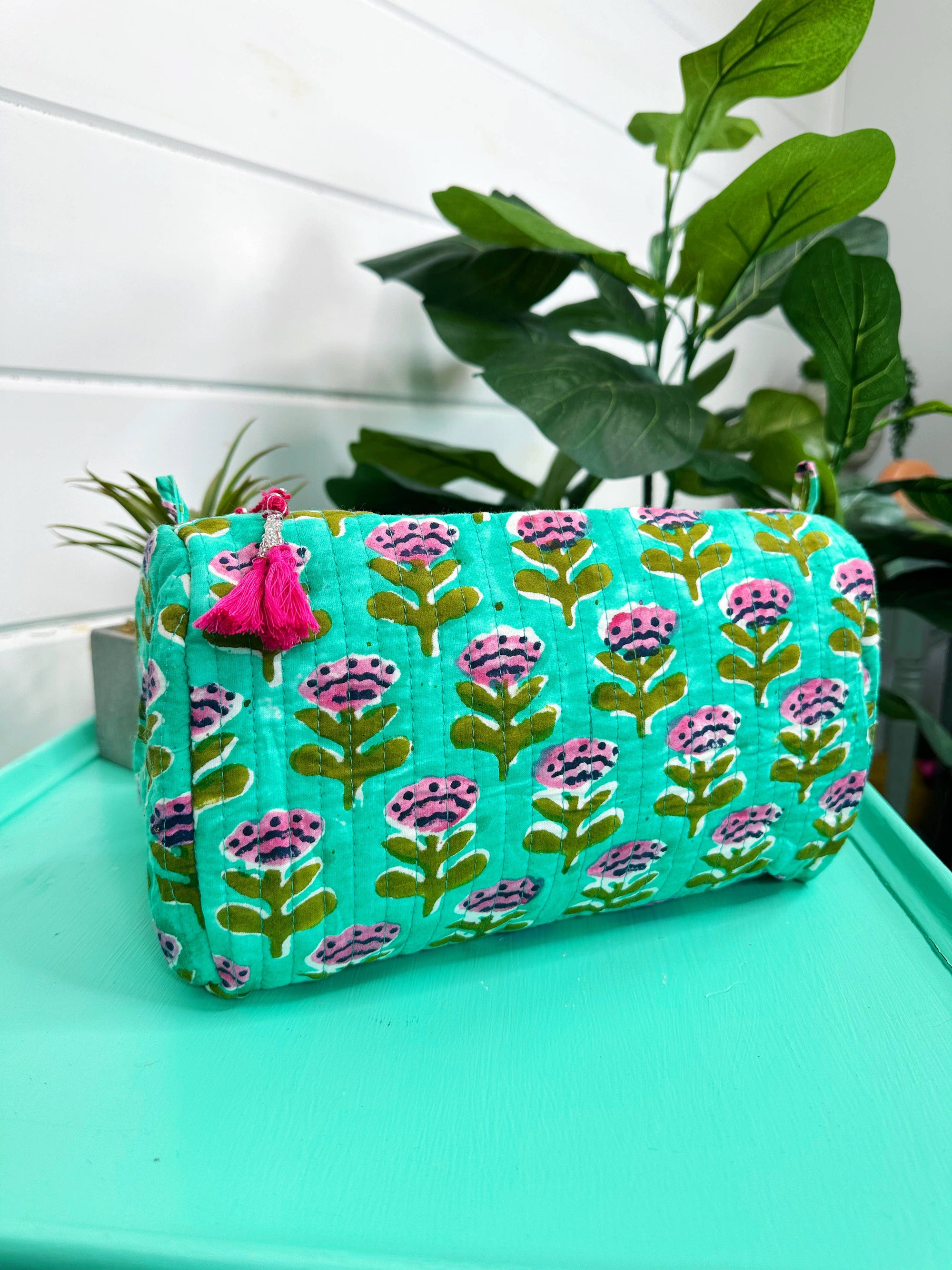 Quilted Makeup Bags | Cosmetic Toiletry Bag | Aqua Floral-Blue Hand Home