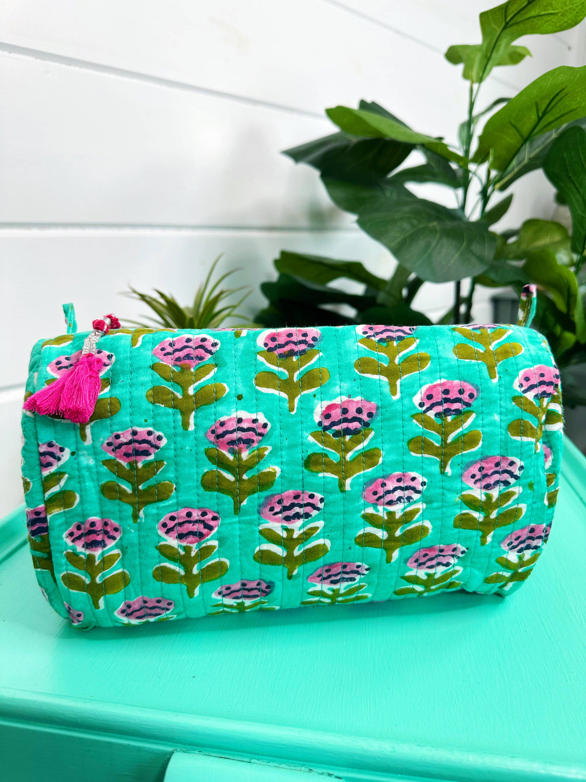 Quilted Makeup Bags | Cosmetic Toiletry Bag | Aqua Floral-Blue Hand Home