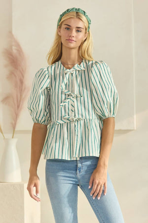 Striped Cotton Poplin Front Tie Ribbon Blouse-Blue Hand Home