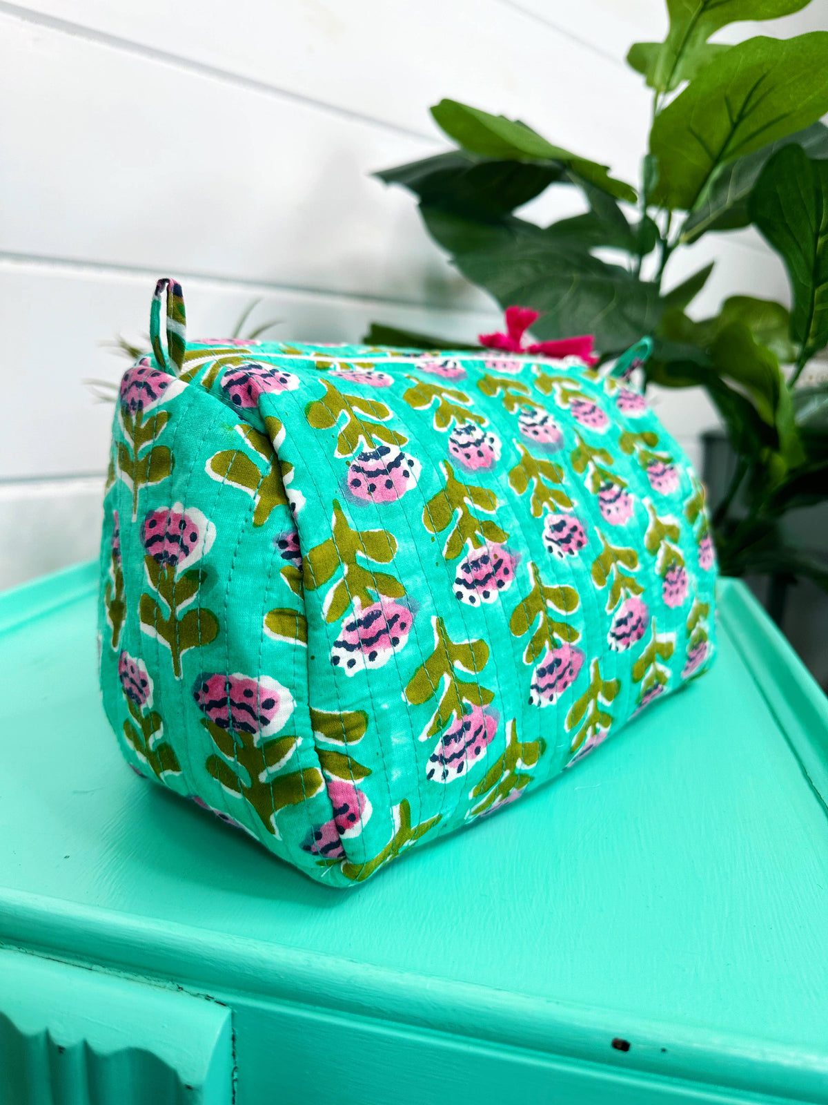 Quilted Makeup Bags | Cosmetic Toiletry Bag | Aqua Floral-Blue Hand Home