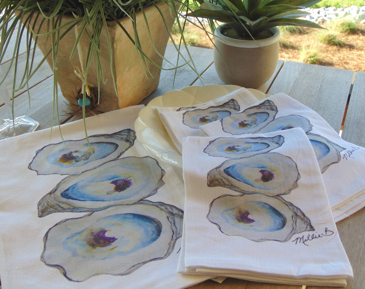 Limited Edition Watercolor 3 Oysters Flour Sack Towel-Blue Hand Home