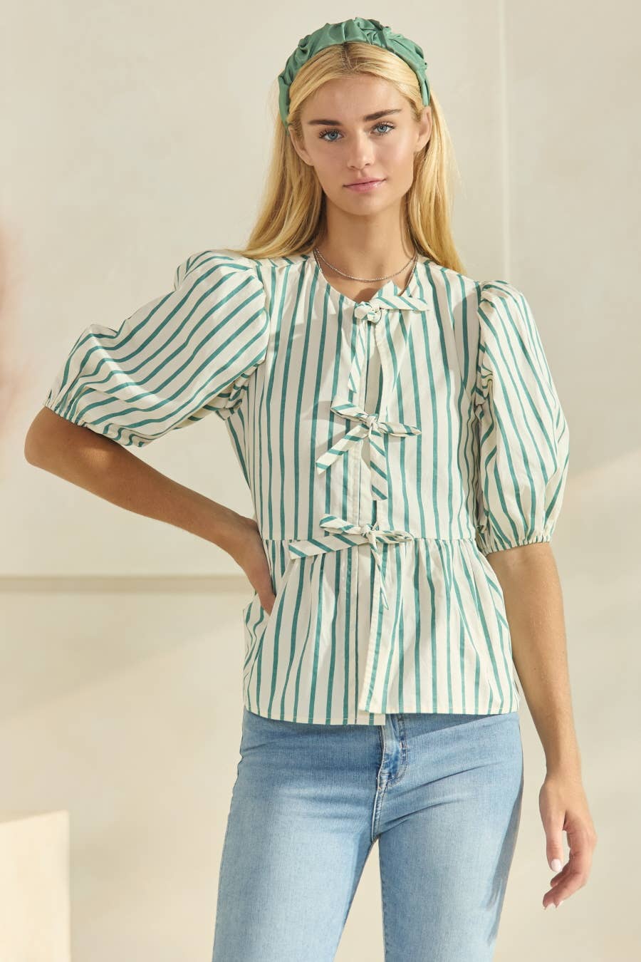 Striped Cotton Poplin Front Tie Ribbon Blouse-Blue Hand Home