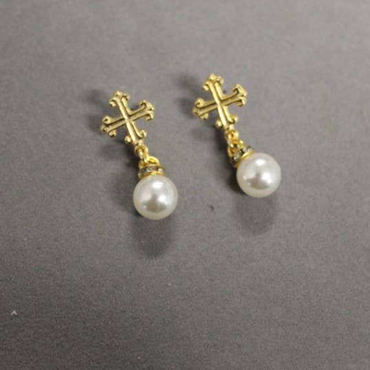 ER16 Religious Cross Earring with Pearl Drop-Blue Hand Home