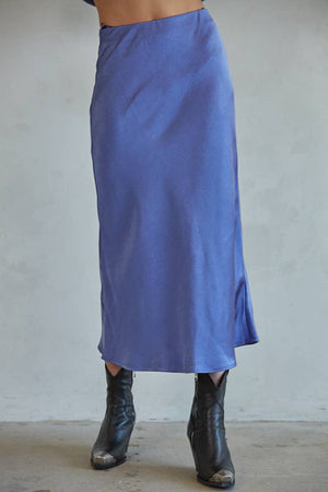 L5954 | Woven Satin Waist Elastic Band Midi Skirt-Blue Hand Home