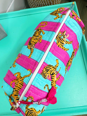 Quilted Tiger Print Makeup Bag | Cosmetics Toiletry Bag-Blue Hand Home